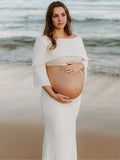 White Off Shoulder Backless Crop Knitwear 2-in-1 Bodycon Mermaid Going Out Photoshoot Maternity Maxi Dress Maternity
