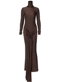 Solid Color Belt Splicing Ruched Draped Bodycon Mermaid Long Sleeve Going Out Photoshoot Maternity Maxi Dress Maternity