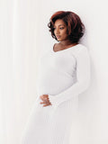 Knit Pleated Big Swing V-neck Plus Size Sweater Elegant Going Out Maternity Photoshoot Baby Shower Maxi Dress Maternity