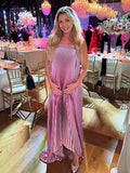 Pink Gradient Color Bandeau Pleated Big Swing Strapless Elegant Cocktail Party Maternity Photoshoot Baby Shower Maxi Dress Maternity