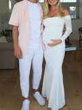 White Off Shoulder Halter Neck Bodycon Elegant Cocktail Maternity Baby Shower Maxi Dress Maternity