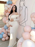 Cream White Off Shoulder Textured U-Wire Bodycon Elegant Maternity Baby Shower Maxi Dress Maternity