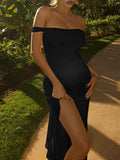 Off Shoulder Ruched Ruffle Falbala Side Slit Elegant Cocktail Gown Maternity Baby Shower Maxi Dress Maternity