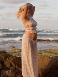 Beige 2 Piece Smocked Ruffle Backless Flowy Elegant Vacation Beach Photoshoot Maternity Maxi Dress Maternity