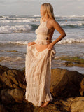 Beige 2 Piece Smocked Ruffle Backless Flowy Elegant Vacation Beach Photoshoot Maternity Maxi Dress Maternity