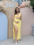 Yellow Ruffle Side Slit Flowy V-neck Bodycon Cute Baby Shower Maternity Maxi Dress Maternity