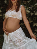 White 2-in-1 Lace Cut Out Off Shoulder Tie Elegant Flowy Vacation Photoshoot Maternity Maxi Dress Maternity