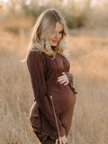 Brown Pleated Ruffle Belted Elegant Photoshoot Baby Shower Maternity Maxi Dress Maternity