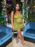 Green Sheer Crochet Hollow Out Ruffle Falbala Cami V-neck Cute Maternity Photoshoot Baby Shower Mini Dress Maternity