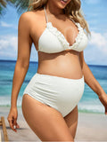 White Ruffle Halter Neck Tie Back Beach Vacation Three Pieces Bikinis Maternity Swimwear Maternity