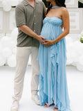 Blue Bandeau Strapless Ruffle Falbala Draped Big Swing Elegant Maternity Baby Shower Maxi Dress Maternity