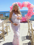 Pink Knit 3D Flowers Cami Backless Elegant Maternity Baby Shower Maxi Dress Maternity