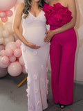 Pink Knit 3D Flowers Cami Backless Elegant Maternity Baby Shower Maxi Dress Maternity