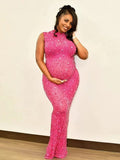 Diamond Starry Mandarin Sleeveless Club Party Bodycon Fashion Photoshoot Maternity Maxi Dress Maternity