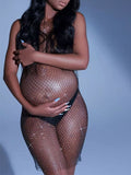 Off Shoulder Fishnet Rhinestone Clubwear Beach Cover Up Photoshoot Maternity Mini Dress Maternity