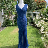Fashion Mermaid V Neckline Navy Blue Floor Length Evening Dress Prom Dresses HZ0628