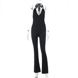 Hanging Neck Sexy Deep V-Neck Tight Black Trousers High Waist Raised Thin Jumpsuit Woman DJPT
