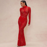 Women's Lace Splicing Semi-High Collar Body-Dight Sexy Dress DJPT