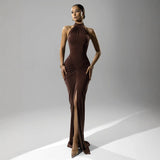 Women's Solid Color Sleeveless Hanging Neck Tight-Up Kitted Open Fork Dress DJPT