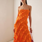 New Dress Temperament Wooden Ear Sling Skirt Open Word Shoulder Dress