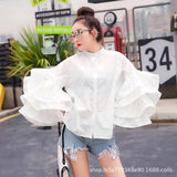 Shirt Women Wish Multi-Layer Lotus Side Horn Sleeve Shirt Loose Set Small Collar Top DJPT