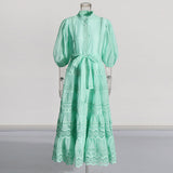 Women's Clothing 2025 Summer New High-End Lantern Sleeve Water-Soque Embroidery Strapped Dress Body Girl