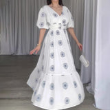 Women's Summer Fashion Vcollar Bubble Sleeve High-Waist Print Splicing Body Dress