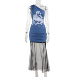 Shoulder-Print Mesh Spliced Dress Woman 2025 New Hot Girl Bag Hip Dress DJPT
