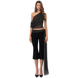 Women's Clothing Wave Point Sleeveless Shoulder Small Coat Belt Micro-Tram Trousers Set DJPT