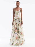 Niche 2024 Summer New Sling U Tie Sleeveless Print Waist Hollow Long Dress Woman
