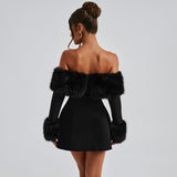 Women's Autumn And Winter One-Word Shoulder Hair Collar Sexy Hot Girl A Short Skirt DJPT