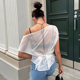 Women's Summer New Sexy Slim Slim Solid Color Oblique Shoulder Perspective Top DJPT