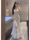 A line Spaghetti Straps Lace White Chiffon Beach Dress Women's Vacation Dresses SD1142