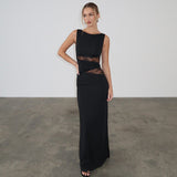 Women's Solid Color Translucent Hollow Lace Twist Belt Dress DJPT