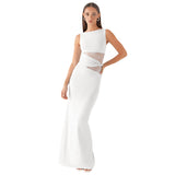 Women's Solid Color Translucent Hollow Lace Twist Belt Dress DJPT