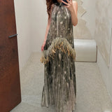 Production Of 25 Spring And Summer Seven-Summer Feathers Decorated Hanging Neck Strapped Sleeveless Dress