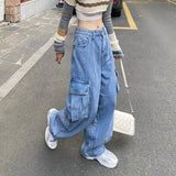 Kong Style Retro Big Pocket Workwear Jeans Women's Spring And Autumn Tide Straight Loose Hanging Wide Leg Trousers DJPT