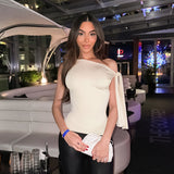 Golden Little Sister With The Same Ribbon Clothes 2025 Summer New Sexy Shoulder T-Shirt Girl DJPT