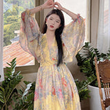 Court Lantern Sleeve Yellow Print Dress Photo Long Dress Bohemian Beach Dress Women's Summer