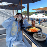 Unique Embroidered Blue Shirt Broad Leg Pants Two Sets Of Women 2025 Early Spring Wear