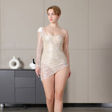 Thin Mesh Shading Lint Long Sleeves With High-Waisted Solid Color Temperament Slim Bandid Dress