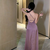 A Small Sling With Purple Dress Female Summer Temperament Bare Back Sexy Open Fork Dress Dress