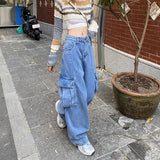 Kong Style Retro Big Pocket Workwear Jeans Women's Spring And Autumn Tide Straight Loose Hanging Wide Leg Trousers DJPT