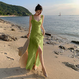 Vacation Dress Women's Summer 2024 New V-Neck Lotle-Side Temperament Super Fairy Opening Sling Skirt
