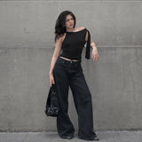 Golden Little Sister With The Same Ribbon Clothes 2025 Summer New Sexy Shoulder T-Shirt Girl DJPT