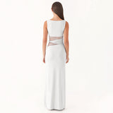 Women's Solid Color Translucent Hollow Lace Twist Belt Dress DJPT