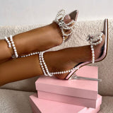 High Heels 2025 Spring Tip Sweet Bow Summer Water Drill Transparent Women's Pearl Sandals High Quality Shoes