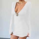 Women's Ultra-Low Collar Body-Suited And Hip Metal Decorative Sexy Dress DJPT