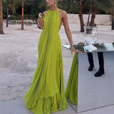 Women's New Sexy Sleeveless Slings Solid Folds Long Skirt Set HZ0628