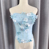 Three-Dimensional Flower Blue Mesh Corset Sexy Beautiful Thoracic Fish Bone Top 2024 New